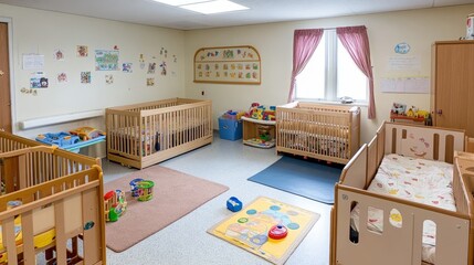 A bright and cheerful nursery with cribs, toys, and play areas for infants and toddlers.