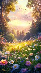Sunlit Meadow with Vibrant Wildflowers