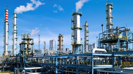 Modern Industrial Refinery Complex under Blue Sky