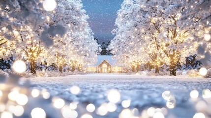 Enchanting Winter Wonderland: Cozy Cabin in Snowy Forest under Starry Night Sky - Ultra-Detailed Digital Illustration
