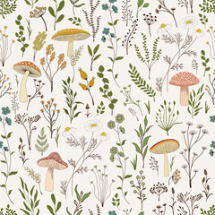 Seamless pattern. Set of colorful wild plants and cute fungus on white background