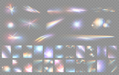 Iridescent Crystal Glare and Reflection Effect, Optical Rainbow Leaks, Light Streaks, and Falling Confetti. Crystal Vibrant Lens Flares with Rainbow Transparent Overlays for a Stunning Visual Impact.