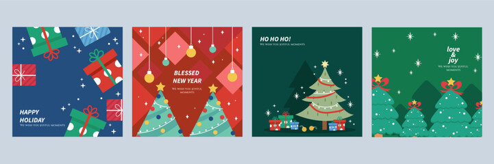 Festive Holiday Cards With Christmas Ornaments. Set of four holiday cards featuring Christmas ornaments and festive decorations. Perfect for celebrating the joyful moments of the season