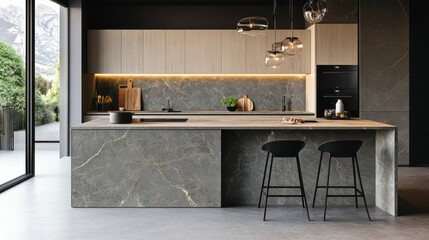 Modern Kitchen with Marble Island, Black Stools, and Mountain View