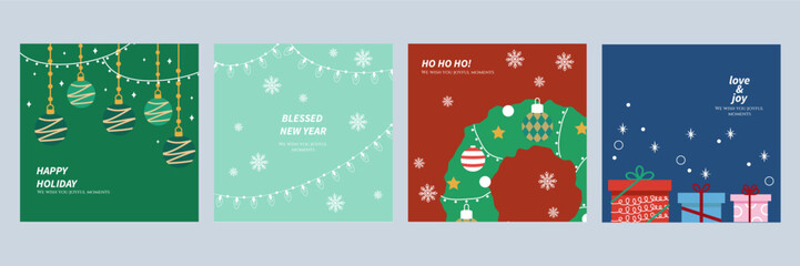 Festive Holiday Cards With Christmas Ornaments. Set of four holiday cards featuring Christmas ornaments and festive decorations. Perfect for celebrating the joyful moments of the season