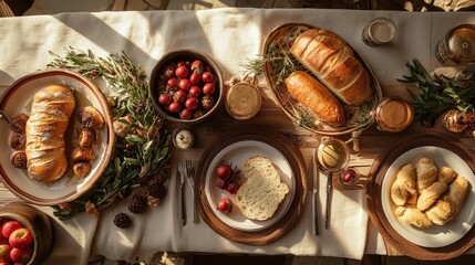 Greek holiday table setup with traditional bread, holiday sweets, and seasonal decor.