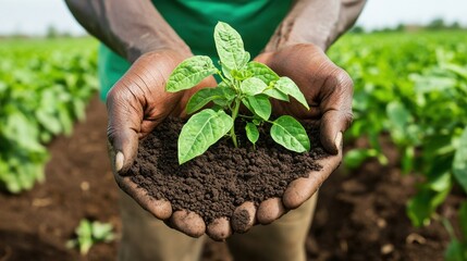 Hands Holding Black Soil with Young Plant in Farm