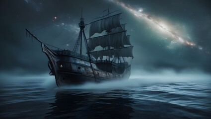 A worn-out ancient ship drifts on a dark, misty ocean beneath a surreal sky filled with pale stars.