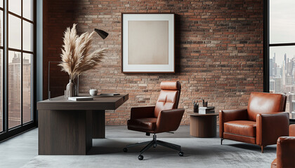Luxury Boss Office, Brown Leather Armchair and wood Table. Rich Male Office Room. Industrial Loft template, Brown Leather sofa. Dark Expensive Industrial Loft. Big mock up Hanging over Table.