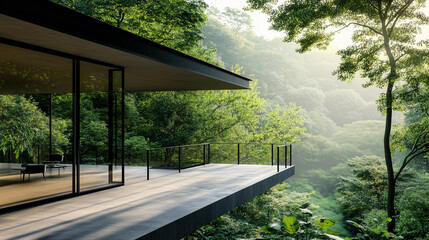 Royal VIP House Balcony in Tropical Forest. Luxury Real Estate Business Design. Rich Contemporary Minimal Architecture, Outdoor Deck Balcony. Narure SPA Hotel Resort, Panoramic Large Windows.