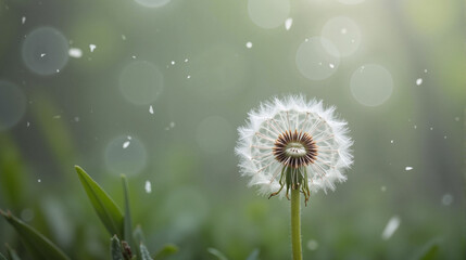 Obraz premium Dandelion seed head dispersing on blurred green background