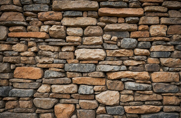 Fototapeta premium Rustic stone wall with a mix of earthy tones, suitable for various themes