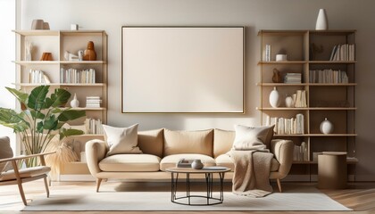 Framed blank poster on a wall in a modern living room with beige furniture and bookshelves. Bright, minimalist interior. 3D Rendering