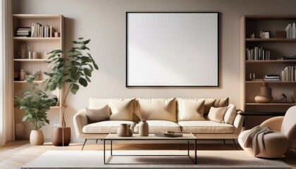 Framed blank poster on a wall in a modern living room with beige furniture and bookshelves. Bright, minimalist interior. 3D Rendering
