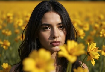 Naklejka premium Flower portrait. Beautiful latin woman with natural beauty and shine hair posing in nature. Toned in warm colours . Horizontal shot.