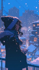 Illustration. A girl in a warm hat under snowfall against the backdrop of an evening winter landscape