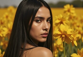 Naklejka premium Flower portrait. Beautiful latin woman with natural beauty and shine hair posing in nature. Toned in warm colours . Horizontal shot.