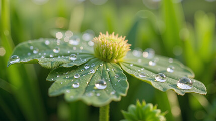Dewdrops on green leaves in nature