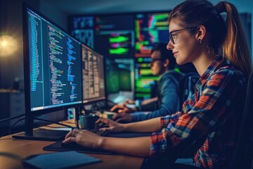 Smart female IT programmer in data center with young professionals.