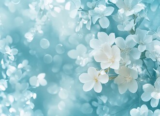 Delicate white flowers on a soft blue bokeh background.