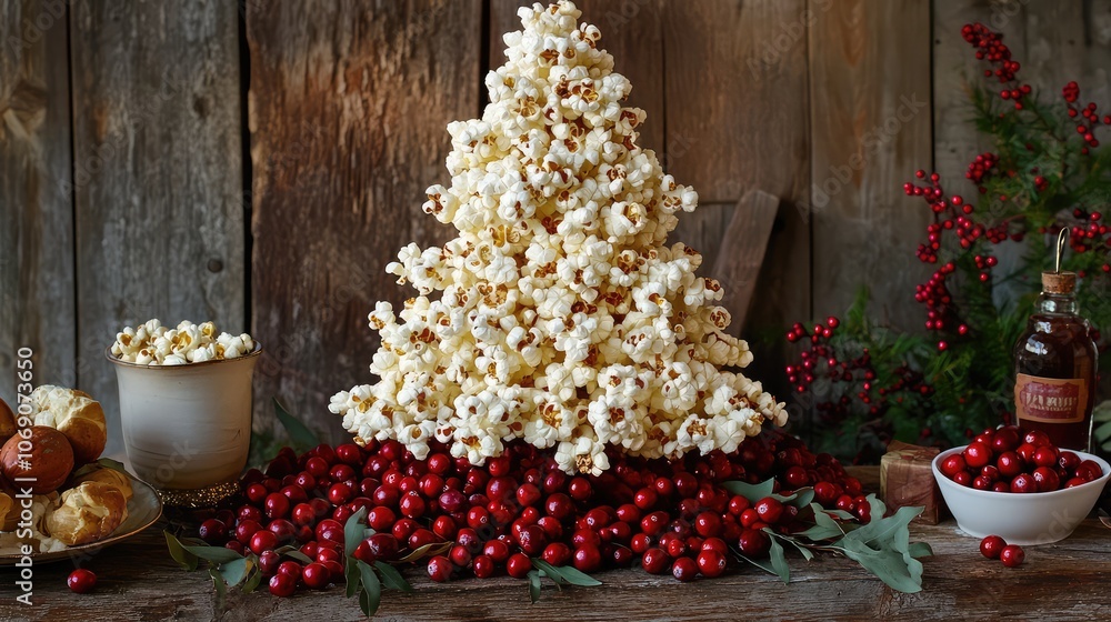 Poster tree shape made from layered strings of popcorn garlands and cranberries, for a rustic holiday look.