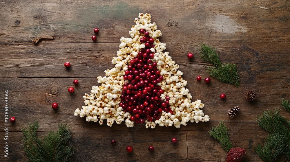 Poster tree shape made from layered strings of popcorn garlands and cranberries, for a rustic holiday look.