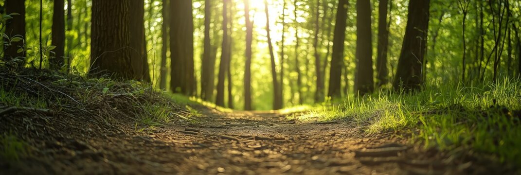 A dirt path through the forest with sunlight filtering through, evoking serenity and invite for exploration.