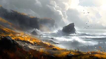 Fototapeta premium A coastal landscape with rugged cliffs, crashing waves, and wind-swept vegetation.