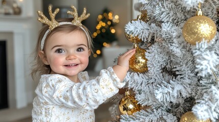Cheerful Little Girl with Reindeer Antlers by Tree