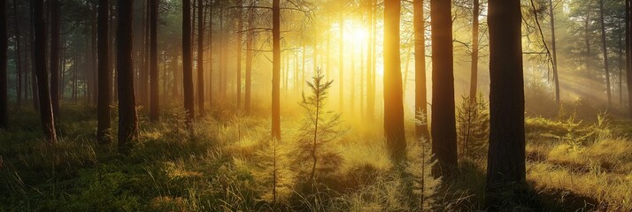 Sunlight filters through a serene forest, casting beams between tall trees, embodying tranquility and nature's beauty.