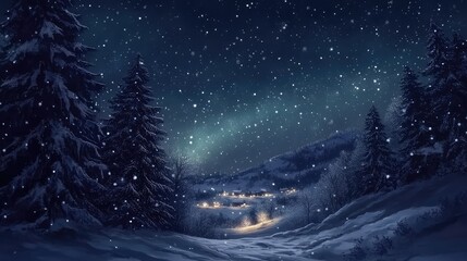 Naklejka premium Christmas night sky with a faint aurora glow, stars shining above snow-covered trees and faint village lights in the distance.