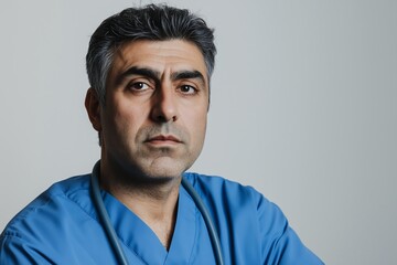 Obraz premium A doctor in a blue scrub top with sthetoscope, positioned against a white background with subtle side lighting