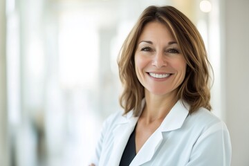 A friendly female doctor leaning slightly forward with a warm smile, set against a clean medical office backdrop