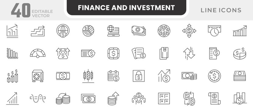 Finance and Investment line icon set. Accountant, financial calculation, audit and analysis, risk, savings, income, expenses, cash, banking, investments, economics line icon set. UI thin icon pack