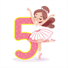 Pretty ballerina girl in white dress dancing with number 5 on white background. Poster, Banner, Flyer, Greeting Card. Vector illustration in flat cartoon style