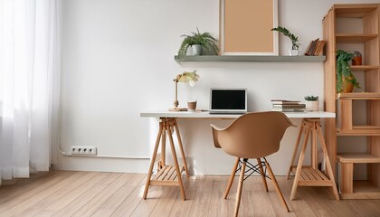 Light home office interior, seat and table with laptop, shelf and decoration. Mockup