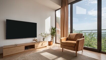 Fototapeta premium Living room interior armchair and tv screen with panoramic window, mockup frame