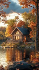 Obraz premium Tranquil Lakeside Cabin in Warm Autumn Light