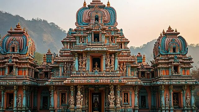 A beautifully ornate temple with intricate carvings and vibrant colors set against a mountainous backdrop footage