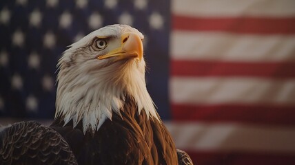 Naklejka premium A bald eagle stands in front of the American flag