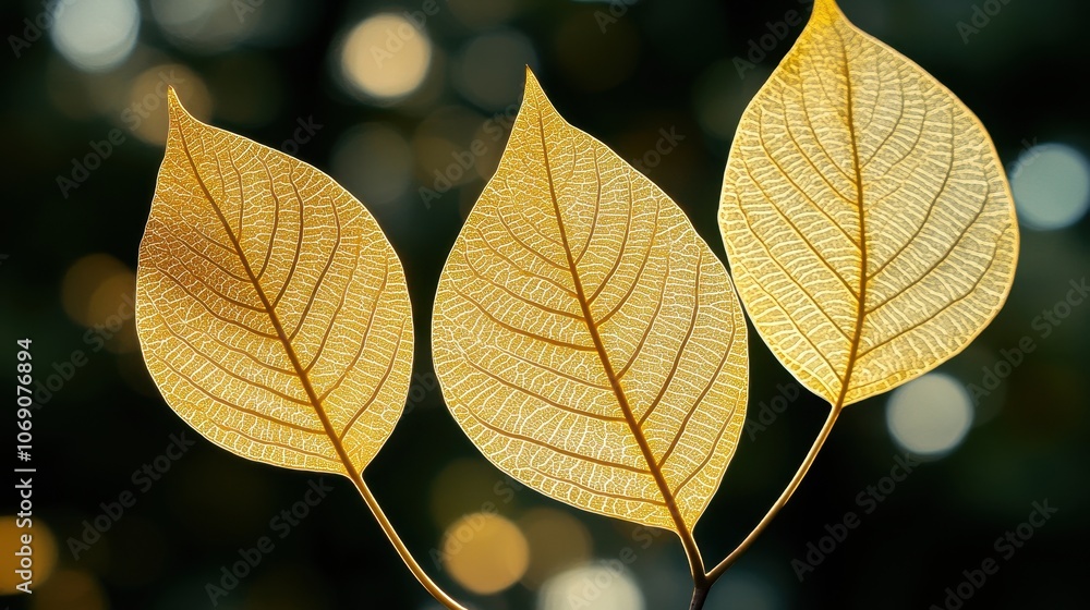 Poster golden leaves in macro detail with bokeh background