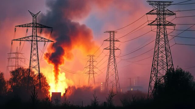 A large fire burns near power lines at sunset