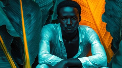 Expressive Portrait of a Man in Nature with Tropical Foliage and Dramatic Lighting Creating a Bold Visual Contrast
