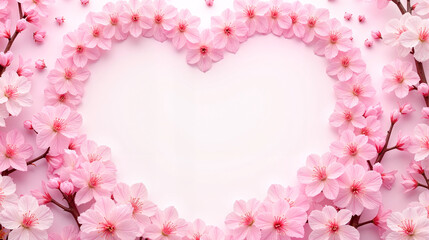 Pink cherry blossoms forming heart shape on white background
