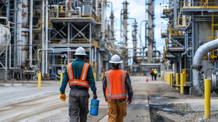 Industrial Site Workers Walking Amidst Machinery