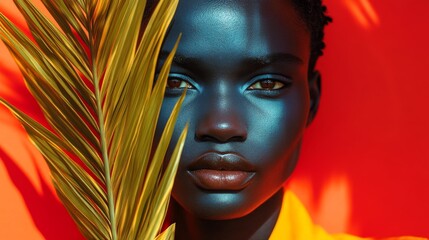 Creative Portraits Showcasing Model in Orange Outfit with Blue Skin Tone and Golden Leaves Against a Red Backdrop