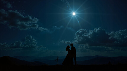Obraz premium Silhouettes embracing under moonlit sky
