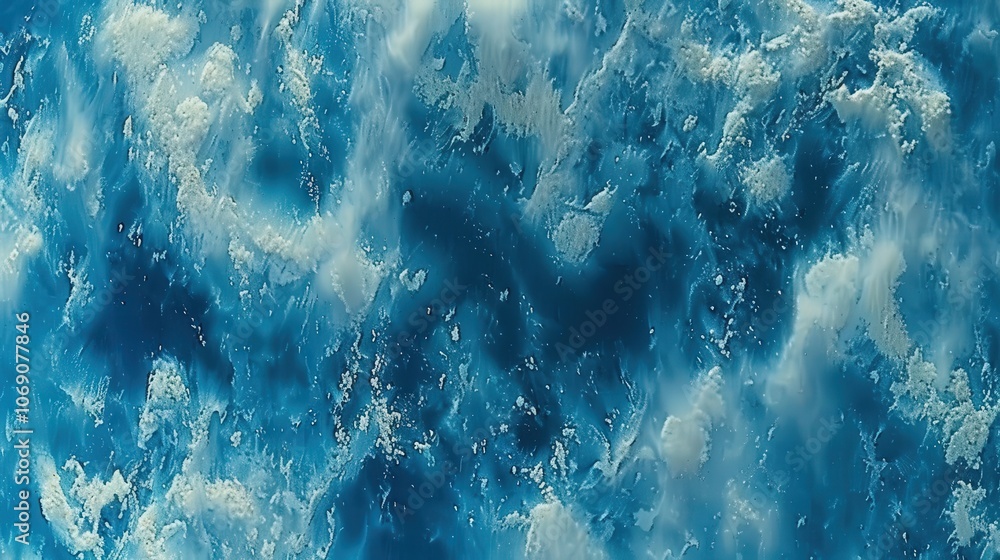 Poster a tranquil blue ocean scene with gentle waves and cloudy patterns, evoking a sense of calm and seren