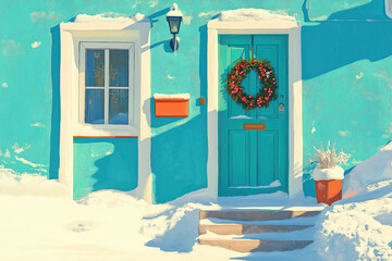 Charming winter postcard of a colorful, festive home, surrounded by snowy landscape, creating a cozy winter atmosphere, blue colors