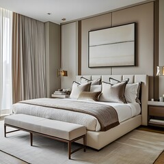 A contemporary bedroom featuring sleek furniture, neutral colors, and modern decor. The space is designed to be stylish and uncluttered, offering a serene and sophisticated atmosphere.